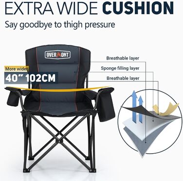 Великий складний кемпінговий стілець Overmont - Витримує до 204 кг - М&39який складний стілець з тримачем для напоїв, сумкою-холодильником, високою спинкою, чорний/сірий, 61 см x 61 см x 101 см