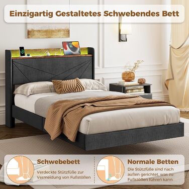 М&39яке ліжко IRONCK 120x200 см, Ліжко 120x200 зі світлодіодним освітленням та зарядною станцією (2 розетки змінного струму, порти USBType-C), Каркас ліжка з місцем для зберігання, Плаваюче односпальне ліжко з рейковою основою, Льняне, Сірий 120 x 200 см