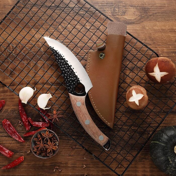 Дюймовий японський ніж зі шкіряним чохлом, кований кухарський ніж кухонний ніж з отвором для пальця дерев'яна ручка, гострий кістк