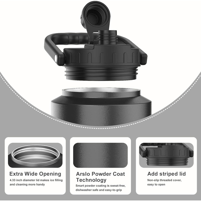 Пляшка для води Arslo 1 галон, великий ізольований глечик для води з ручкою, пляшка для води з нержавіючої сталі 1 літр, чорна, гл