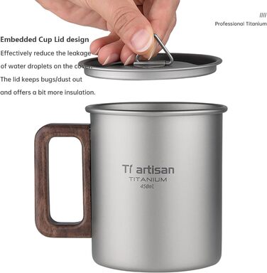 Титанова кружка, надлегка кемпінгова кавоварка, піскоструминна поверхня, захист від опіків (матово-сіра 450 мл)