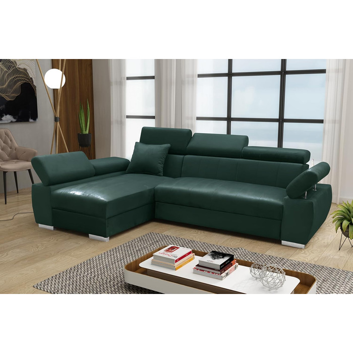 Кутовий диван OTTO, кутовий диван з функцією сну, пружинний каркас, регульовані підголівники, легкий механізм складання, функція ліжка, додаткове місце для зберігання, плюшевий зелений, лівий шезлонг зелений