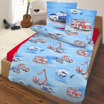 Дитяча постільна білизна Дитяча постільна білизна Пожежні та поліцейські машини - Наволочка 80x80 Підковдра 135x200 см - 100 бавовна (Renforc) Двостороння постільна білизна для хлопчиків та дівчаток
