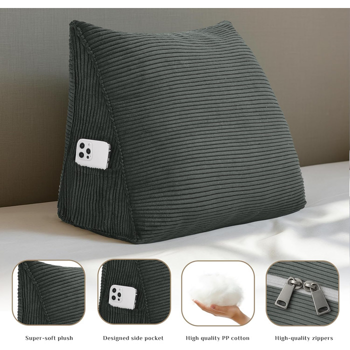 Вельветова клиноподібна подушка - трикутна спинка для ліжка та дивана, подушка для читання, ергономічна спинка, знімна, чохол, який можна прати (темно-сірий, 45 x 35 x 20 см) Темно-сірий 45x35x20 см