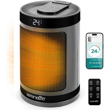 Керамічний обігрівач SereneLife 1500W PTC, безшумний та енергоощадний, WiFi термостат з пультом керування, осциляція 70, сірий