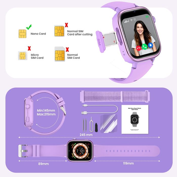 Дитячий смарт-годинник SWGOTA з телефоном та GPS, 1,83-дюймовий дитячий годинник з відеодзвінками/голосовим чатом/SOS/шкільним режимом/SMS/SIM/будильником, дитячий смарт-годинник IP68 з крокоміром та монітором сну, подарунок для дівчаток та хлопчиків, фіо