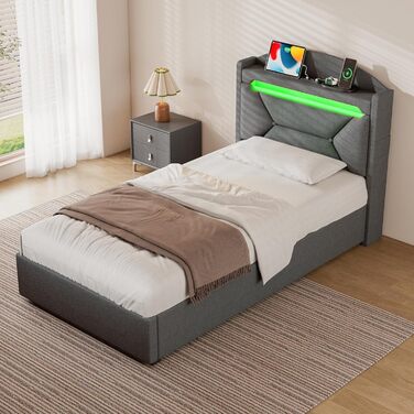 М&39яке односпальне ліжко 90x200 см зі світлодіодним освітленням, портом USB-C, гідравлічним ліжком, дитяче ліжко з місцем для зберігання та узголів&39ям, каркас ліжка з металевим каркасом, коробкою для зберігання та рейковою основою, лляне, сіре, без мат