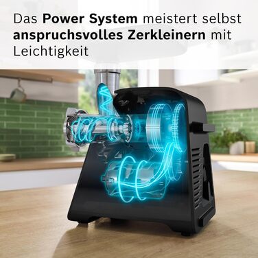 Електрична м'ясорубка Bosch MultiPower Serie 6 MFWS660B, 2100 Вт, нержавіюча сталь, 3 диски (3, 4.5, 8 мм), насадки для ковбас, кеббе та тертя, соковижималка, чорна