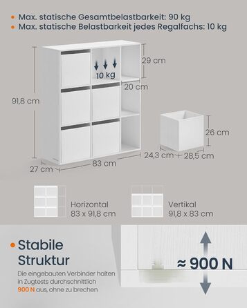 Книжкова полиця SONGMICS HOME, надшвидке складання без інструментів, технологія без інструментів, полиця з 9 відділеннями, окремостояча полиця, 6 шухляд з тканини, система полиць, 27 x 83 x 91,8 см, білосніжний колір LBC199W01, 9 рівнів (91,8 висоти см)
