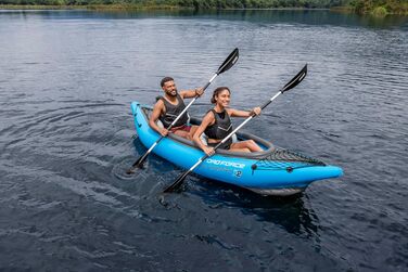 Каяк Bestway Hydro-Force Cove Champion X2 Надувний човен з ручним насосом, веслом, сидіннями, ластами та сумкою для зберігання Двомісний 331 x 88 x 45 см, синьо-сірий