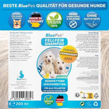Шампунь для собак BluePet без парфумів щітка для ванни проти свербіння, запахів та бруду Шампунь для хутра з алое вера та олією жожоба для блискучої, здорової та легко розчісується шерсті (шампунь, 200 мл)