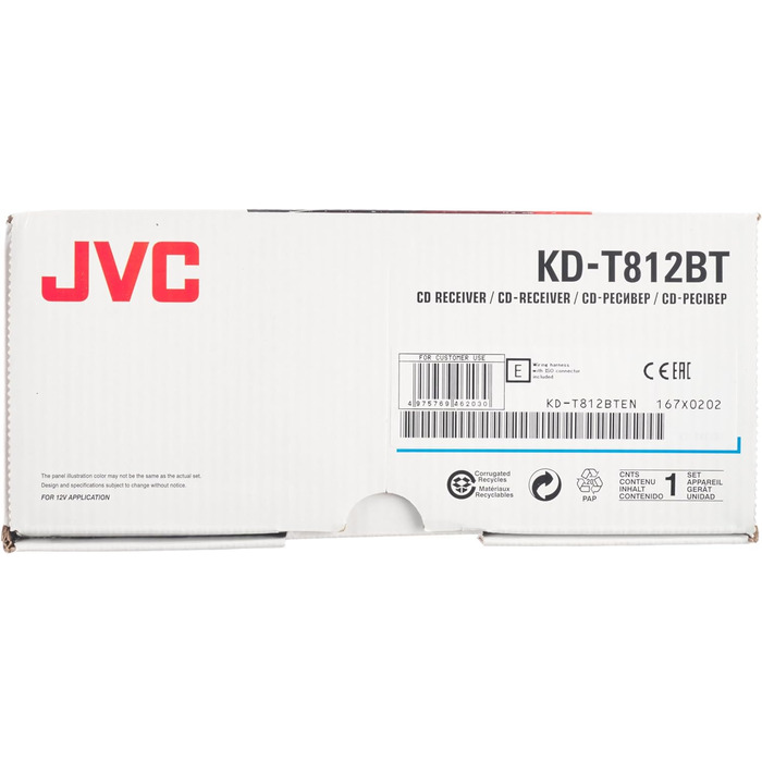 Ресивер JVC KD-T812BT із системою гучного зв'язку BT (вбудований Alexa, високопродуктивний тюнер, звуковий процесор, USB, AUX, Spotify Control, 4 x 50 Вт, підсвічування червоної клавіші) Одномісний