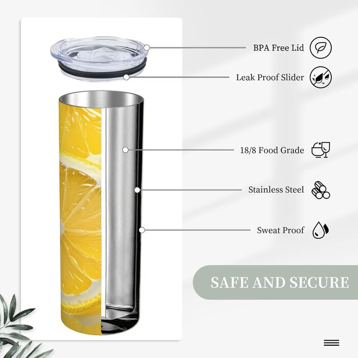 Кухоль з прямою трубочкою, 590 мл, скибочки лимона, принт, дорожній кухоль, підходить для кемпінгу, офісу та дому