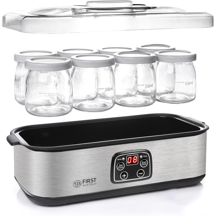 Електрична йогуртниця TZS First Austria, йогуртниця, 30 Вт, 8 склянок, 190 мл, РК-дисплей, налаштування температури, таймер і функція автозупинки, білий/сірий 30 Вт 8 баночок по 190 мл