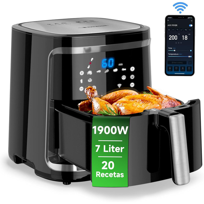 Інтелектуальна фритюрниця, 1900 Вт, 7 літрів, Wi-Fi аерофритюрниця, світлодіодний сенсорний екран, 7 програм, 20 рецептів pdf, меню своїми руками.