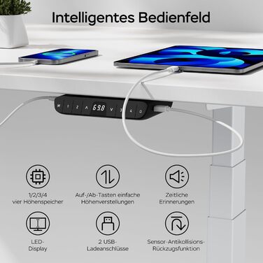 Стіл з регулюванням висоти 140x70 см, цільна стільниця 25 мм, подвійний двигун, 3-рівнева конструкція, інтелектуальне керування з 4 пресетами пам&39яті та 2 USB-портами (білий білий), білий білий 140 см x 70 см