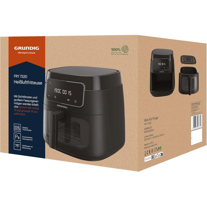 Фритюрниця Grundig FRY 7320, ємність 7,6 л, 1750 Вт, сенсорний дисплей, велике оглядове вікно, налаштування температури та часу, антипригарне покриття, кошик, який можна мити в посудомийній машині, чорний