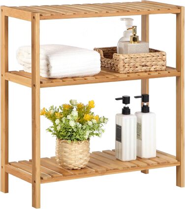 Полиця для ванної кімнати SONGMICS, кухонна полиця, взуттєва полиця з 3 ярусами, бамбукова окремостояча полиця, 26 x 60 x 66 см, для ванної кімнати, вітальні, коридору, кухні, натуральний бежевий BCB33Y 3 рівні натуральний бежевий