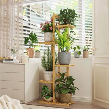 Підставка для рослин Bamworld, підставка для квітів, бамбукова полиця для рослин, кімнатна полиця для квітів, невелика металева підставка для квітів для тераси, саду, балкона, вітальні, спальні (5 рівнів), 5 рівнів з бамбука