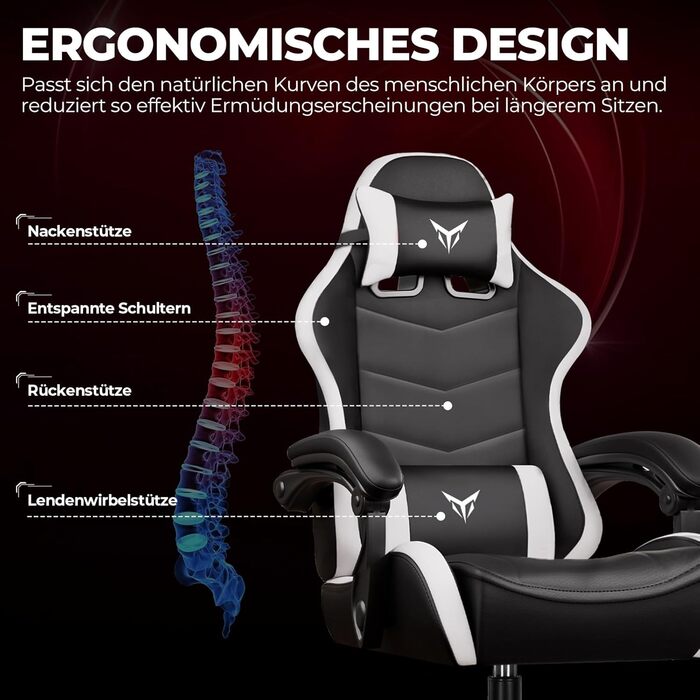 Ігрове крісло GTPLAYER, ергономічне офісне крісло, регульований підголівник та поперекова опора, ігрове крісло, білий колір