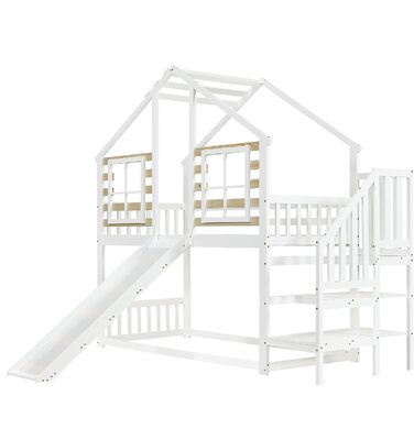 Дитяче двоярусне ліжко 90x200, ліжко-горище, дерев&39яне ліжко-будиночок зі сходами та гіркою, каркас ліжка із захистом від падіння та поручнями, ліжко з рейковою основою, каркас ліжка з масиву дерева, без матраца, білий колір