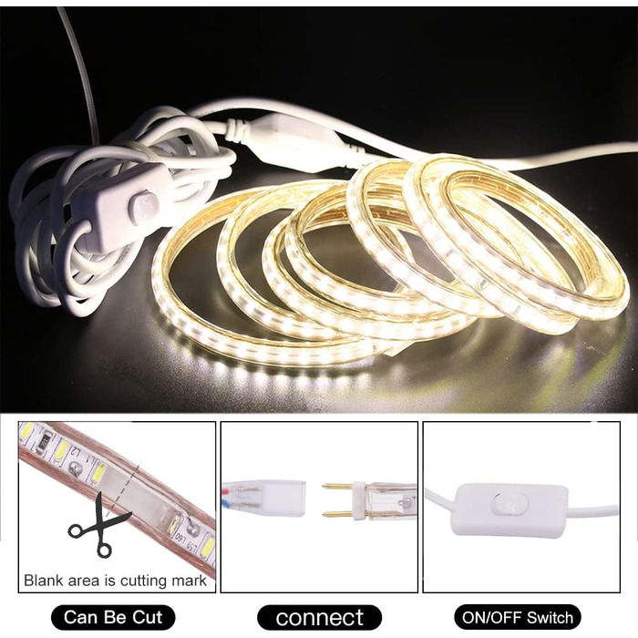 Світлодіодна стрічка Wisada 2 м, гнучкий світлодіодний струнний світильник 220 В 3014 SMD 120 світлодіодів Волога кімнатна стрічка, тепла біла 3000K Світлодіодна стрічка з вимикачем для спальні, сходової клітки, шафи, різдвяної вечірки Теплий білий 2м