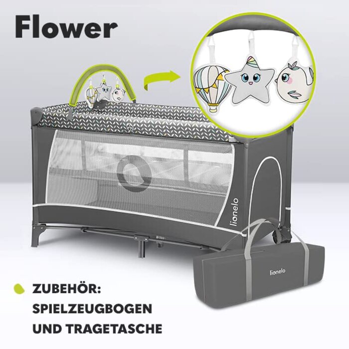 Дитяче ліжечко Lionelo Flower 4-в-1 з боковим входом, пеленальний столик, два рівні висоти підвіски матраца, арка для іграшок з фігурками, колеса, сумка для перенесення, сірий колір