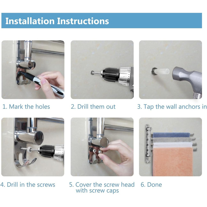 Рушникосушка JSVER з нержавіючої сталі 40 см, поворот на 180 з 4-ма поворотними ручками з гачками, що економить простір для ванної