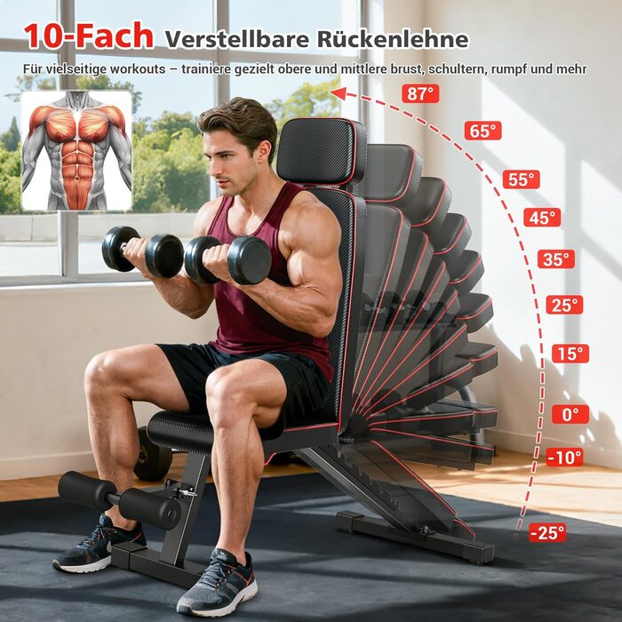 Силова лава XDDIAS, регульована в 10 напрямках тренувальна лава з подовженим підголівником, складна до 360 кг, лава з нахилом, горизонтальною поверхнею та нахилом для домашнього фітнесу, компактна фітнес-лава для невеликих будинків