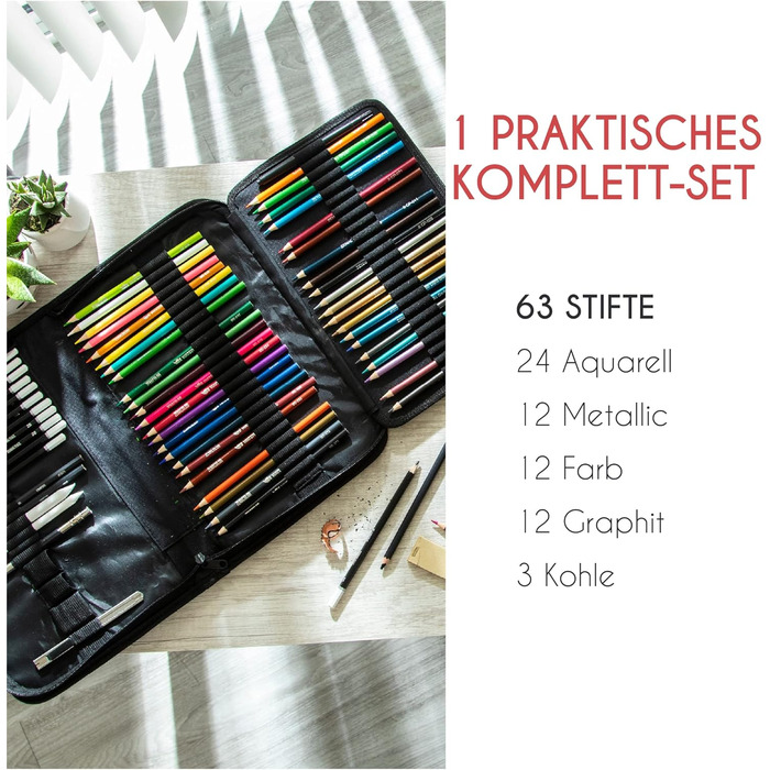 Професійний набір олівців для малювання Zenacolor із 74 предметів, пенал з 24 акварельними олівцями, 12 кольоровими олівцями, 12 металевими олівцями, 12 графітовими олівцями та аксесуарами - 1 альбом для малювання