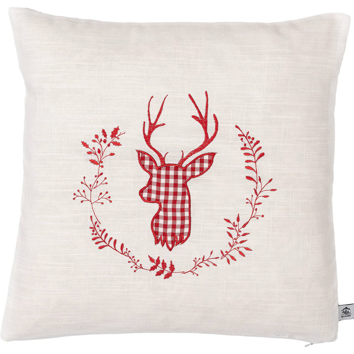 Бежева соснова подушка з вишивкою оленя, розмір 40х40 см, наповнена сосновою стружкою зі швейцарської сосни (червоного кольору)