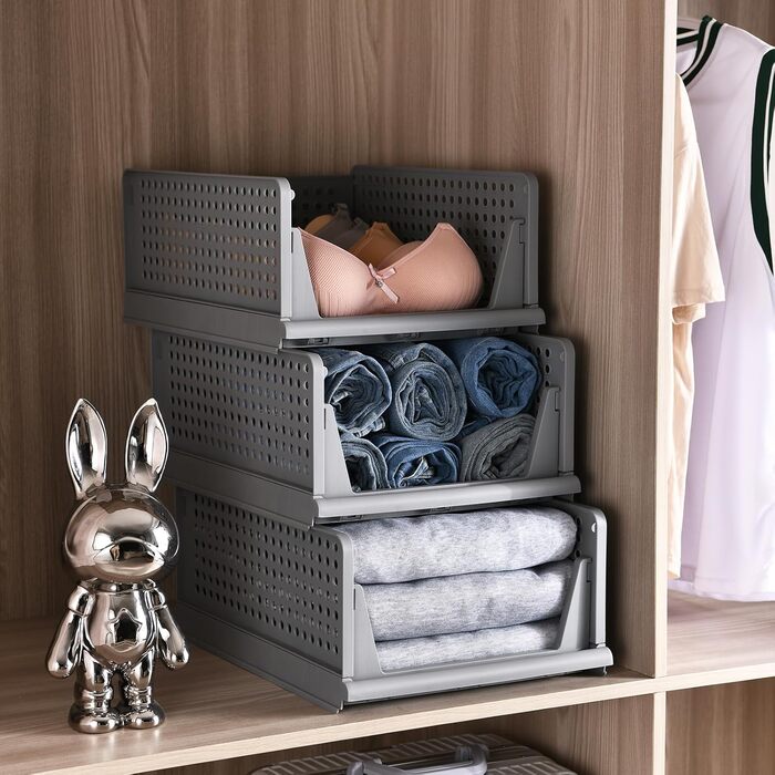 Набір ящиків із 4 предметів, гардеробний органайзер, штабелювана шафа, полиця для зберігання, пластиковий роздільник, штабелювані ящики для одягу, кухня, спальня, сірий
