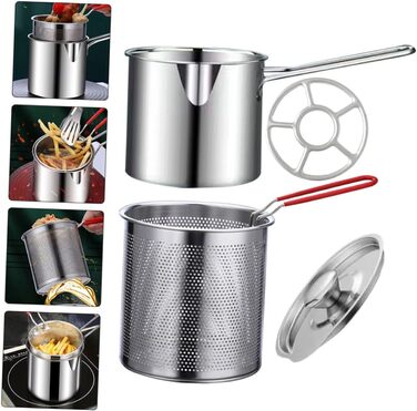 Комплект фритюрниці з нержавіючої сталі для дому Міні-сковорода Портативна плита Кошик для фритюрниці тако Японська фритюрниця темпура Маленька глибока фритюрниця Кошик для фритюрниці з горщиком, 1