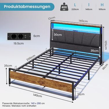 Ліжко 140x200 з металевою рейковою основою, каркас ліжка 140x200 см зі світлодіодним підсвічуванням, металеве ліжко 140x200 з узголів&39ям та зарядною станцією (2 розетки змінного струму та 2 порти USB), дитяче ліжко, двоспальне ліжко, сірий колір, сірий 