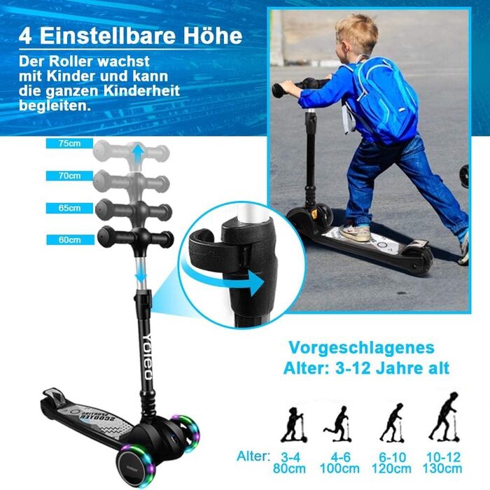 Дитячий самокат YOLEO дитячий самокат триколісний самокат зі світлодіодними колесами, 2-колісні задні гальма, 4 регульовані по вис