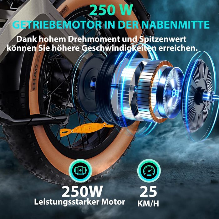 Чоловічий електровелосипед, 20 x 4.0-дюймові всесезонні широкі шини, електричний велосипед з двигуном 250 Вт, акумулятор 48 В 18.2 Аг, 25 км/год, запас ходу до 161 км, картка NFC, 7-ступінчаста коробка передач, гідравлічні гальма, M20