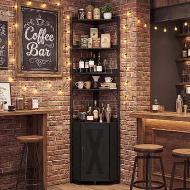 Кутова стелажна тумба GIANTEX з шафою та 6 полицями, кутова шафа заввишки 180 см з 5-ярусними регульованими полицями, окремостояча кутова вітрина з дверима, полиця для зберігання в індустріальному стилі (чорна)