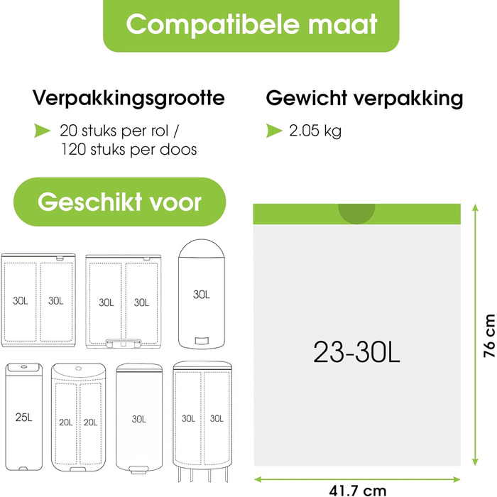 Сміттєві пакети - 23/30 л - Підходять для сміттєвих баків Brabantia Код G - 6 рулонів по 20 пакетів - 23-30 літрів із застібкою на шнурку