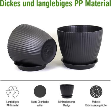 Набір з 8 квіткових горщиків з блюдцями, 19/17,5/16,5/16/14/13/11,5/10 см, пластикові кашпо, гідропонні горщики, набір квіткових горщиків, ідеально підходить для кімнатних та балконних садів, чорний 19/17,5/16,5/16/14/13/11,5/10 см, чорний