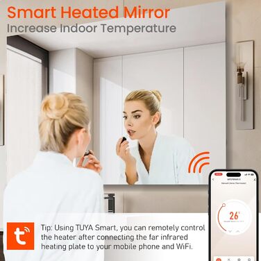 Інфрачервоний обігрівач дзеркала 800 Вт, інфрачервоний обігрівач дзеркала для ванної кімнати з пультом дистанційного керування 120x60 см, електричний обігрівач із захистом від перегріву - WiFi (Tuya Smart) - сертифікований TV. 800 Вт - 120x60 см