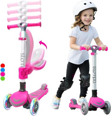 Дитячий самокат Stompa 3 роки для дівчаток хлопчиків, складний дитячий самокат 3 колеса зі світлодіодним проблисковим світлом, 4 р