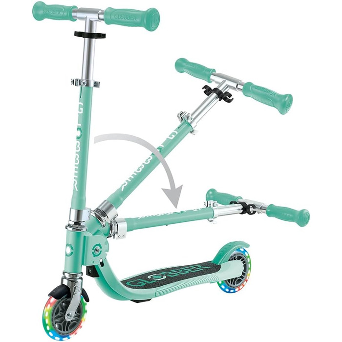 Дитячий самокат Globber Flow Foldable Junior Lights складаний, з підсвічуванням коліс та регульованим кермом, від 3 років, м'ятний