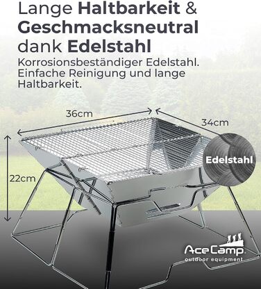 Портативний складаний гриль AceCamp на вугіллі, для кемпінгу, садової вечірки, барбекю, гриль з нержавіючої сталі, (інші розміри), середній, 34 x 36 x 22 см