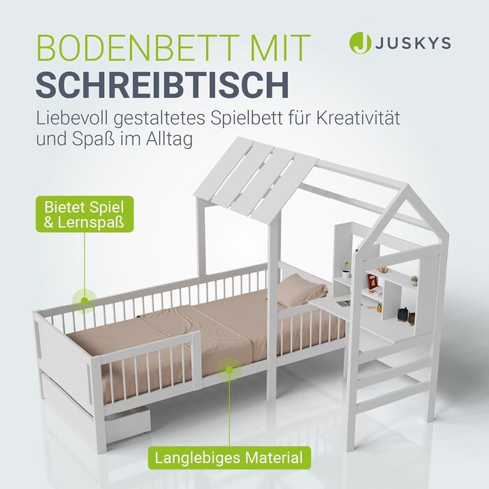 Дитяче ліжко Juskys Yari 90x200 см - Односпальне ліжко з письмовим столом та шухлядою, сосна та міцні матеріали, дизайн &quotГрайливий будиночок&quot - Біле