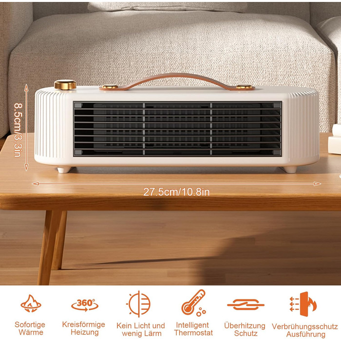 Енергозберігаючий міні-вентиляторний обігрівач потужністю 800 Вт, портативний керамічний вентиляторний обігрівач з термостатом для кемпінгу та ванних кімнат, захист від перегріву та перекидання, тихий (білий)