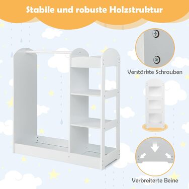 Дитяча шафа для одягу DREAMADE з дзеркалом і вішалкою для одягу, дитяча шафа з 4 відкритими полицями, вішалка для дитячого одягу д