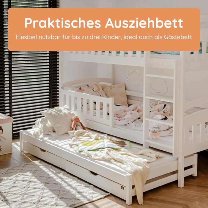 Двоярусне ліжко 90x200 см, дитяче ліжко, підліткове ліжко, двоярусне ліжко для 3 дітей, дві шухляди та поручні, що розкладається на 3 односпальні ліжка від 4 до 16 років вкл. рейкові основи білий 90x200 см, білий - Стиль 1