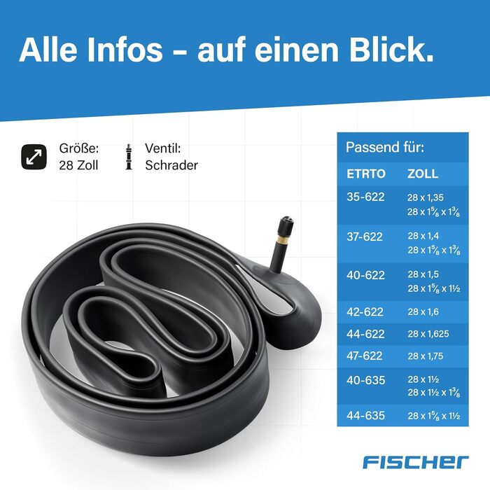 Камери для велосипеда Fischer 28 дюймів для ETRTO 35/50-622 Автоніпель Якісні велосипедні камери для міських та туристичних велосипедів Міцні, еластичні та довговічні 28 камери 35/50-622 (набір з 2 шт.)