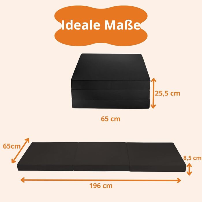Розкладний матрац Гостьовий матрац Ліжко для екстреної допомоги Мікрофібра Зроблено в ЄС Стандарт Oeko-Tex 100 Універсальна жорсткість Чохол, який можна прати 65 x 196 x 8,5 см, Чорний, Односпальне ліжко, 192894