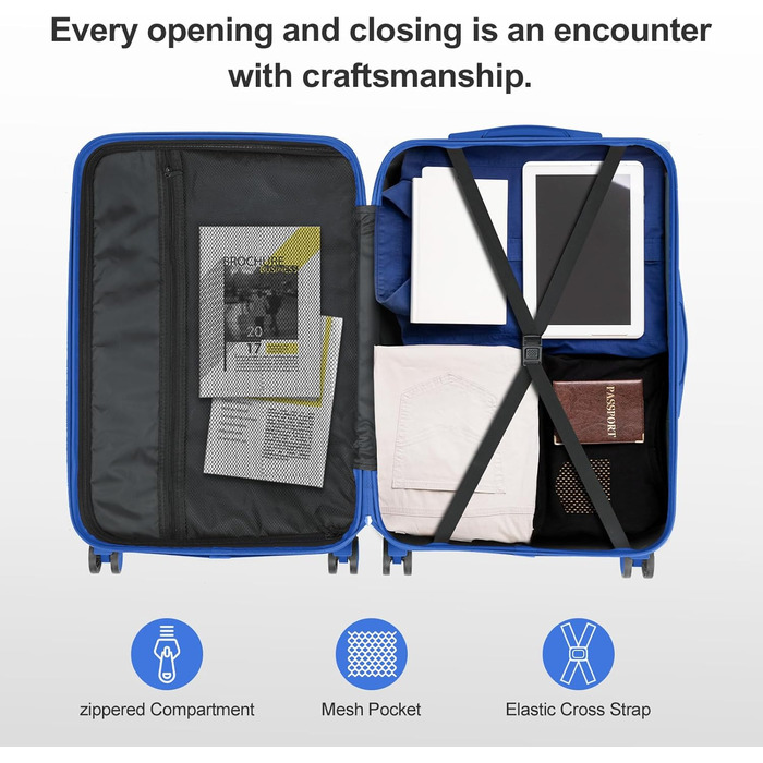 Ручна валіза LEADZM з ABS-пластику, дорожня валіза, легка валіза для салону з колесами, що обертаються на 360, кодовим замком та посиленими кутами, схвалена авіакомпанією (синій, M, 55 см) темно-синій-1 M (55 см)
